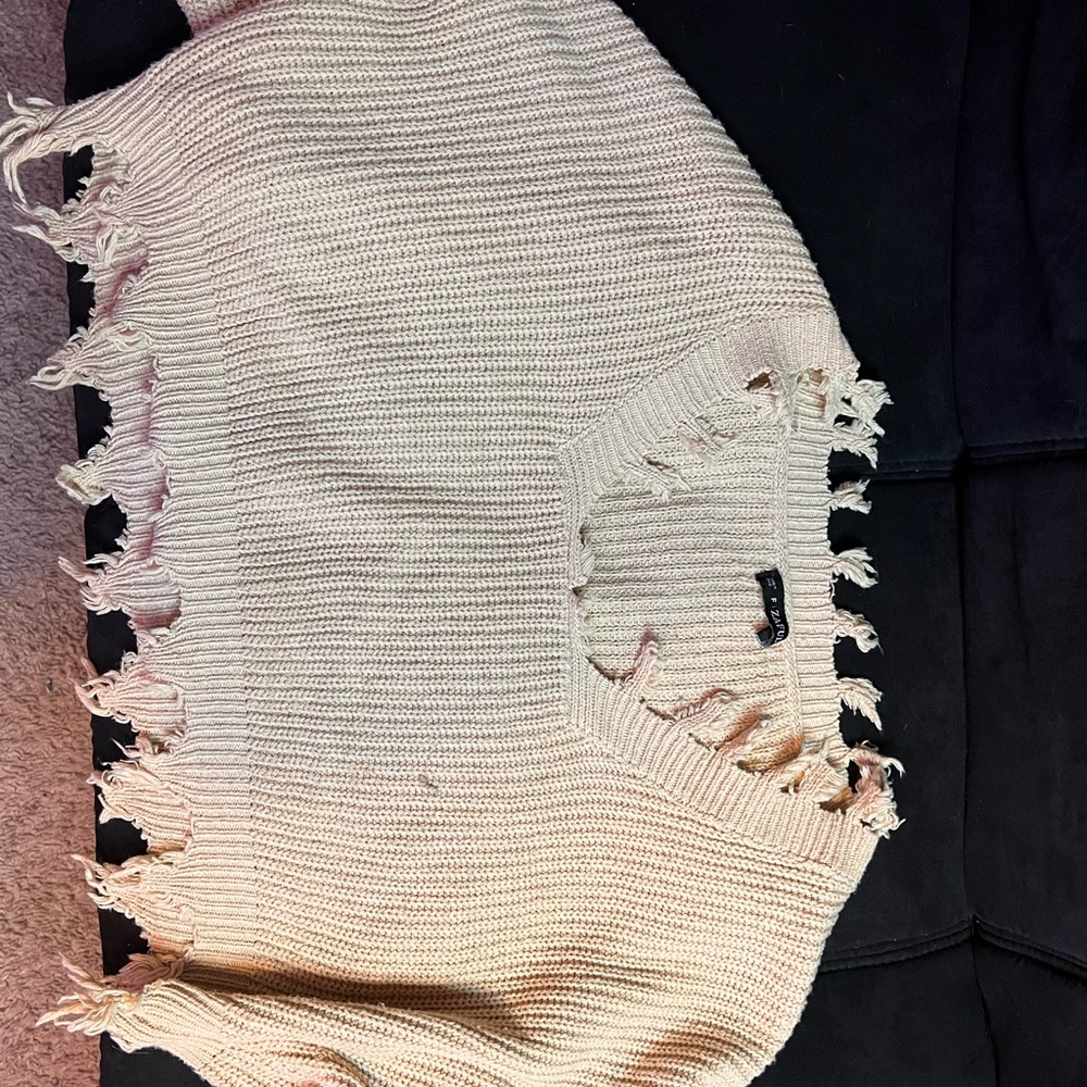Fringed tan long sleeve sweater